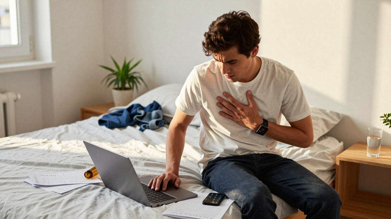 Homem sentado na cama com computador portátil, mão no peito aparentando dor ou desconforto.
