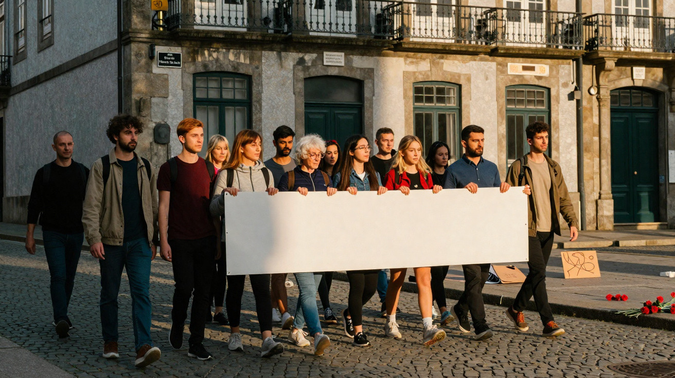 Grupo de pessoas a caminhar numa rua de pedra segurando uma faixa em branco num protesto.