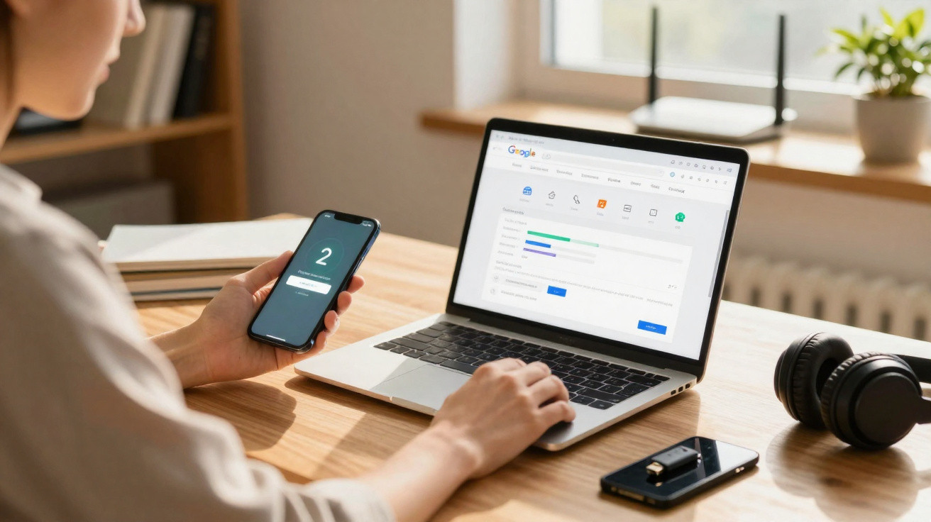 Pessoa em ambiente de trabalho a usar telemóvel para autenticação e portátil com página do Google aberta.