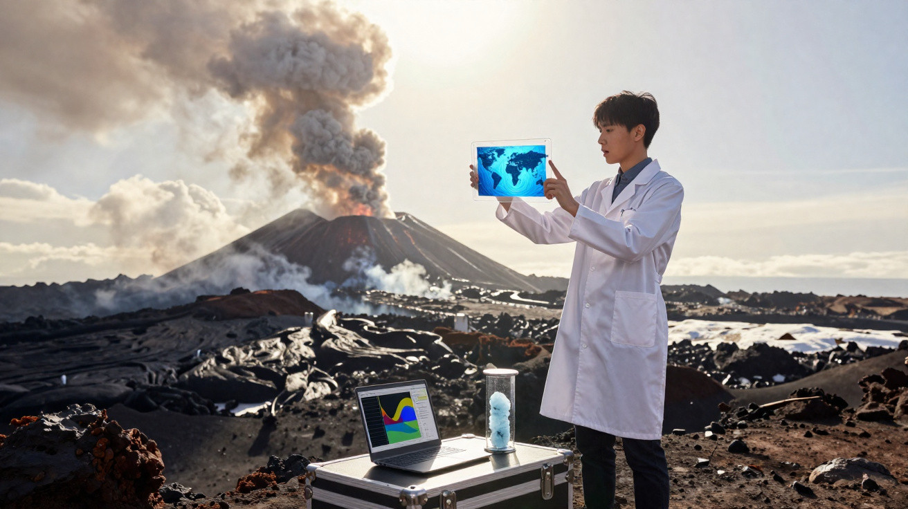 Cientista em pé junto a equipamento tecnológico observa erupção vulcânica ativa ao fundo.