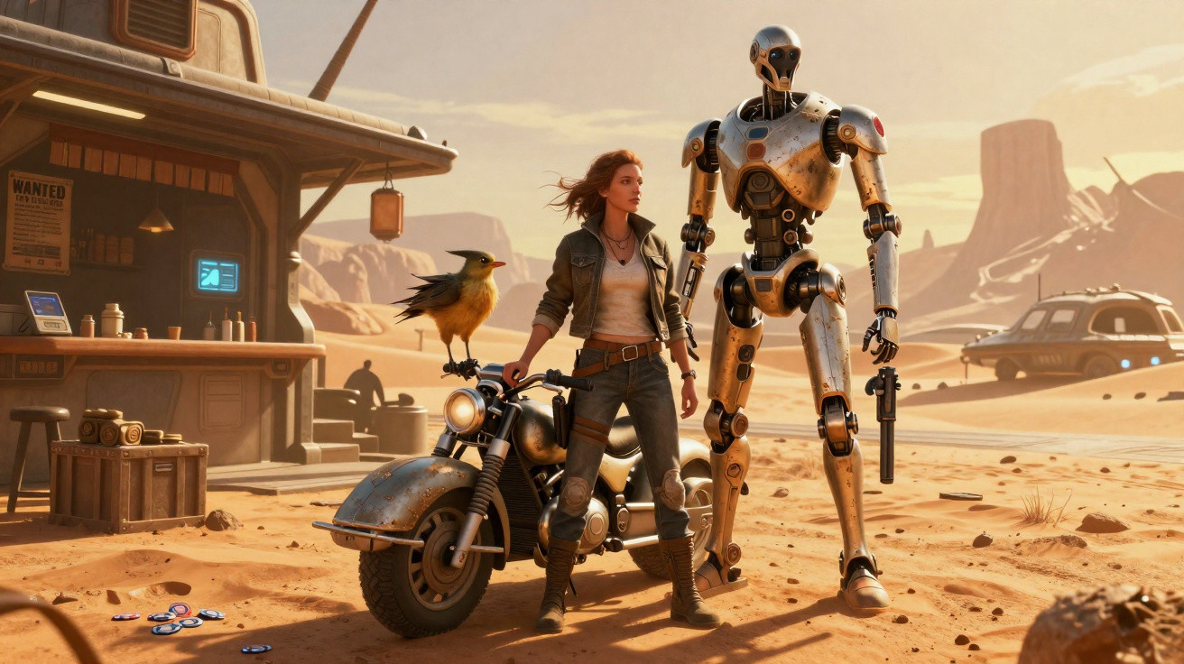 Mulher, robô e pássaro futurista junto a motocicleta no deserto com edificações e veículo voador ao fundo.