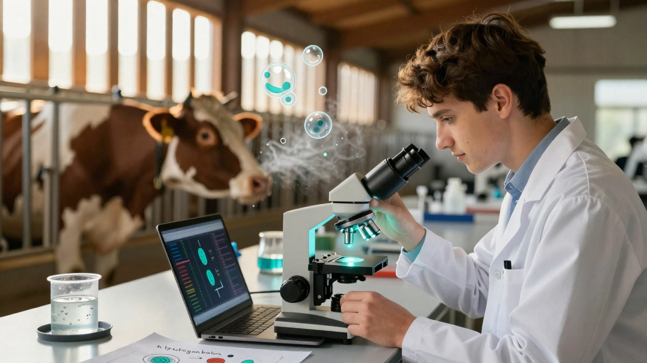 Jovem cientista com bata branca usa microscópio numa quinta, com vaca ao fundo e computador ao lado.