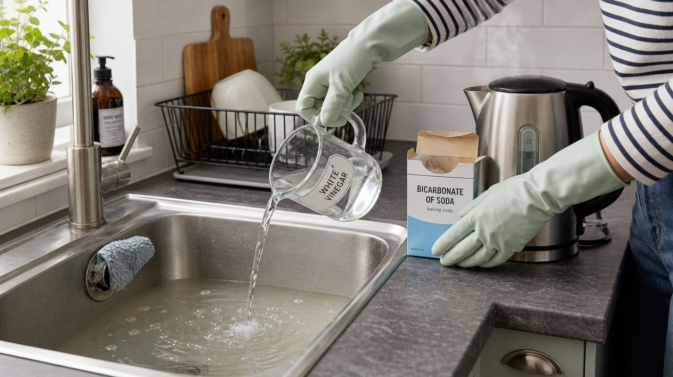 Pessoa a despejar vinagre branco na pia da cozinha com bicarbonato de sódio ao lado e luvas de borracha.