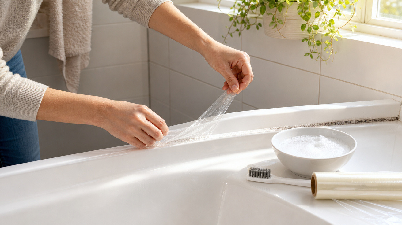 Pessoa a remover película plástica para limpar um bordo de banheira com bolhas de limpeza num recipiente branco.