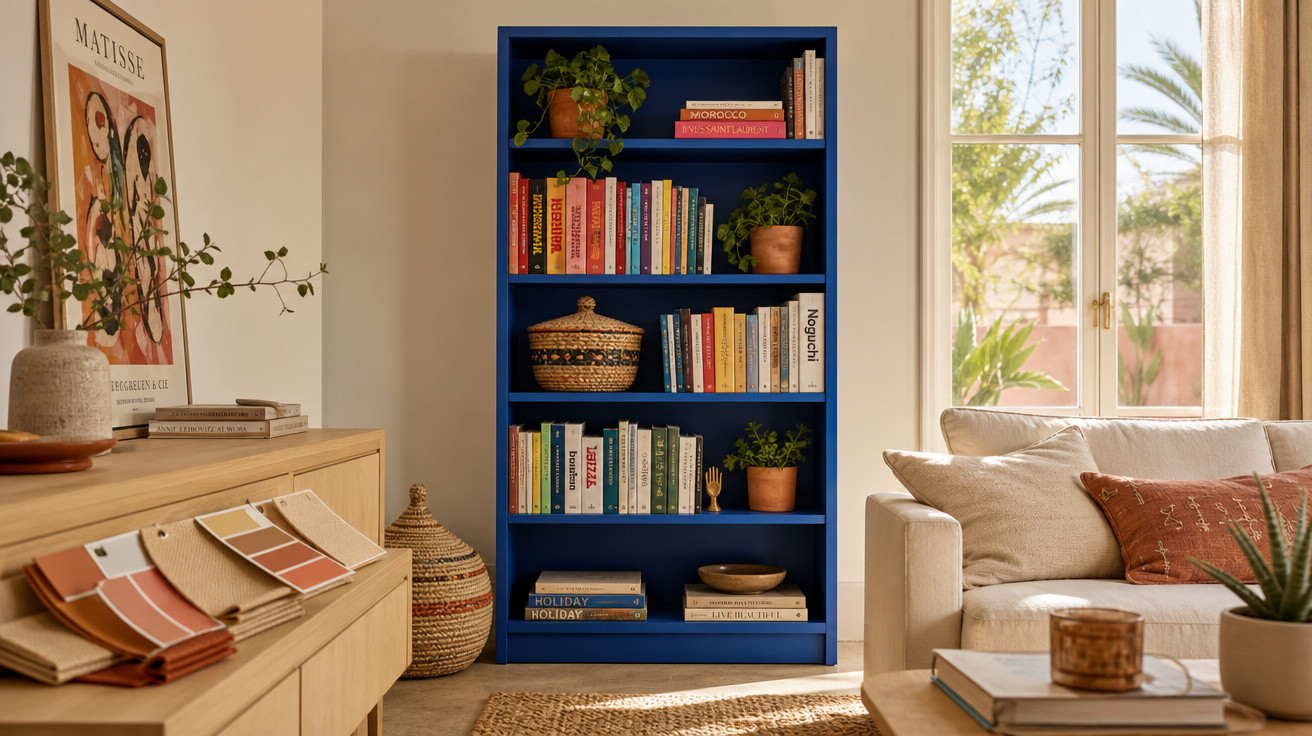 Estante azul com livros e plantas ao lado de sofá bege numa sala iluminada com janela grande.