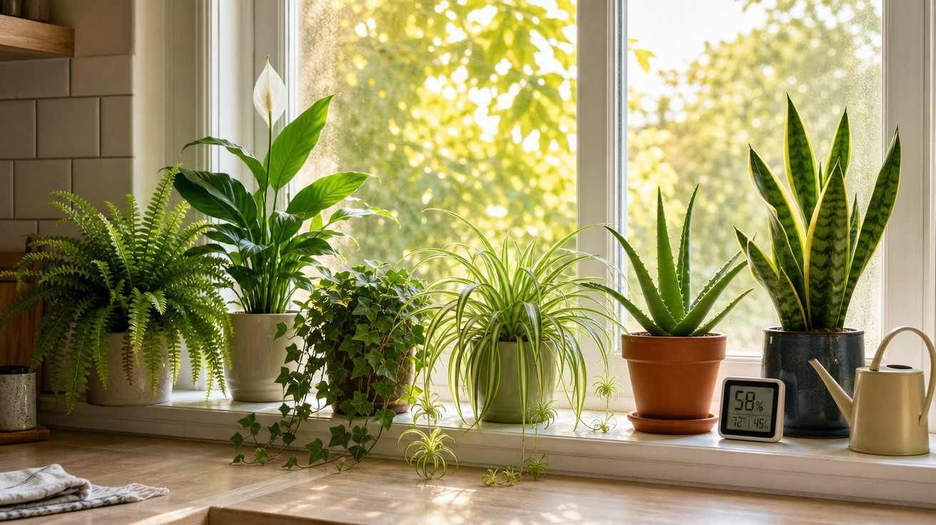 Várias plantas verdes em vasos alinhados num parapeito de janela com luz solar natural a entrar.