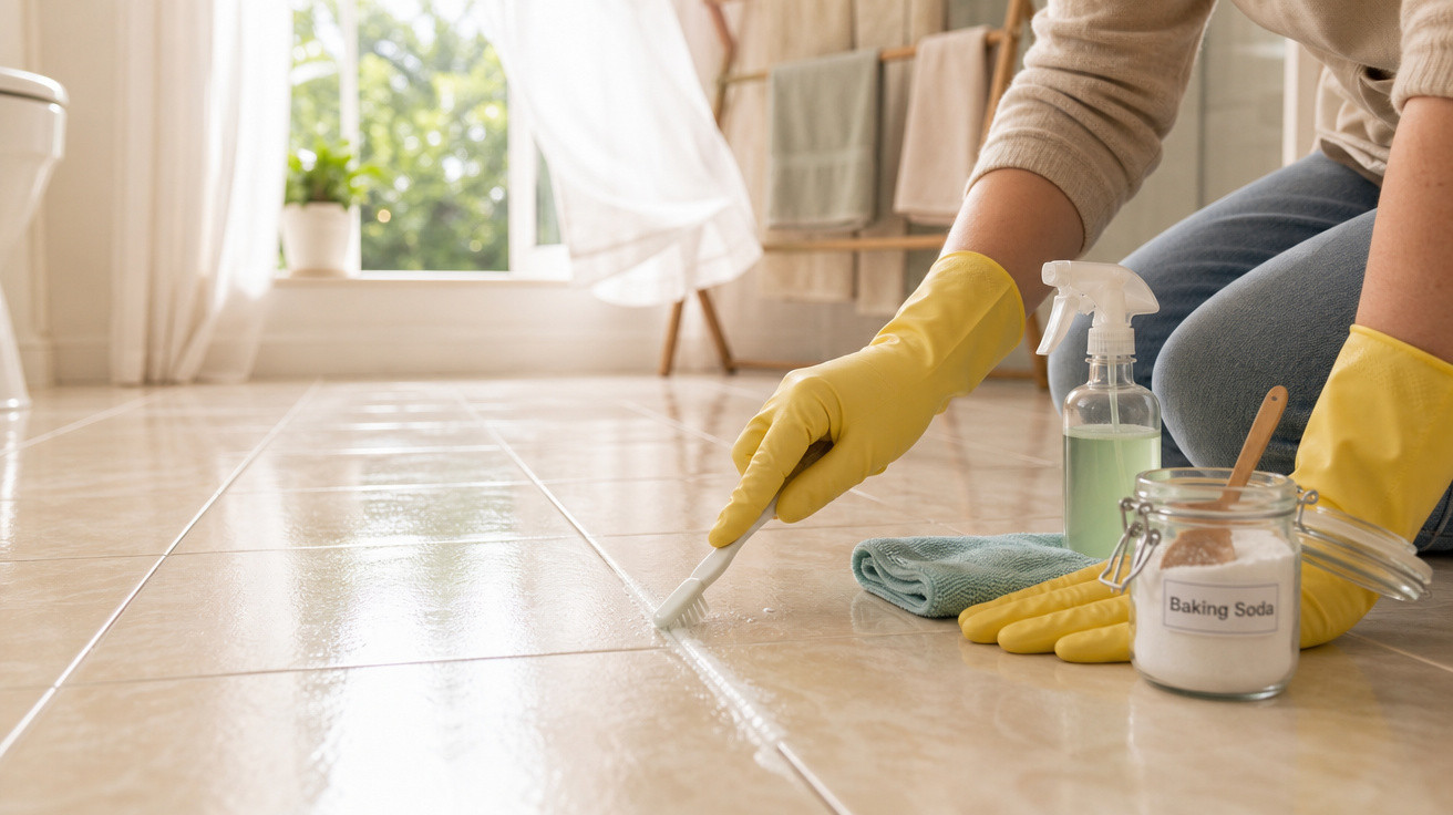 Pessoa a limpar o chão cerâmico de casa com escova, luvas amarelas, bicarbonato e spray de limpeza.