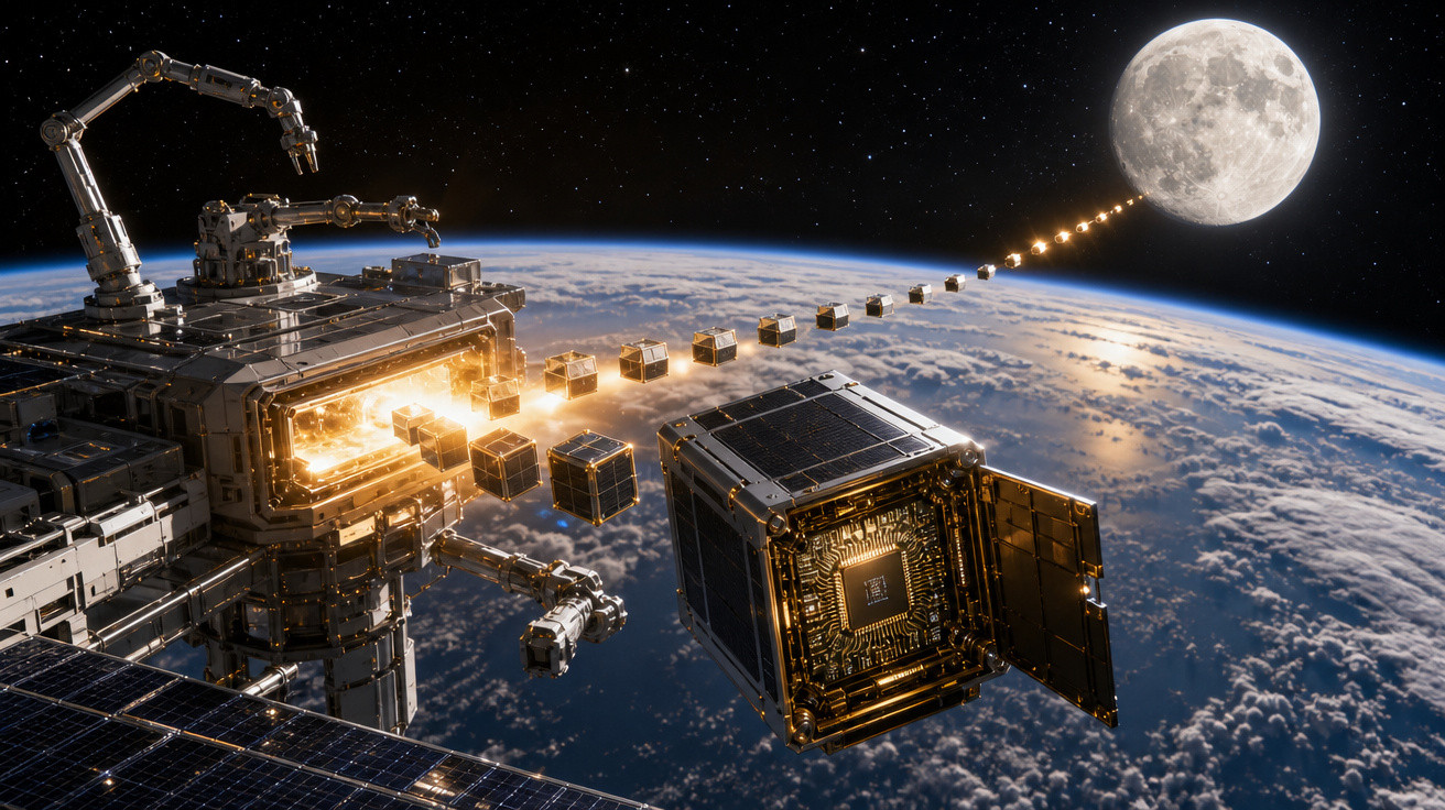 Satélite futurista a libertar pequenos cubos brilhantes na direção da Lua, com a Terra ao fundo.