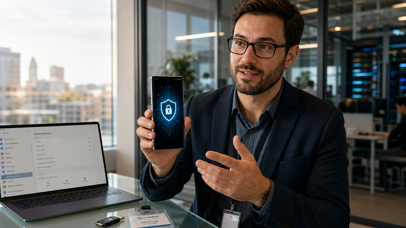 Homem de óculos apresenta segurança digital num telemóvel numa sala de escritório moderna.