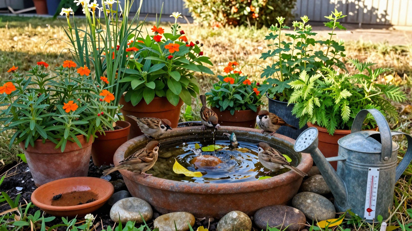 Pássaros a beber água numa bacia rodeada de vasos com flores num jardim ensolarado.