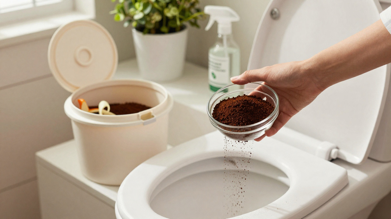 Pessoa a deitar borras de café num vaso sanitário aberto numa casa de banho.