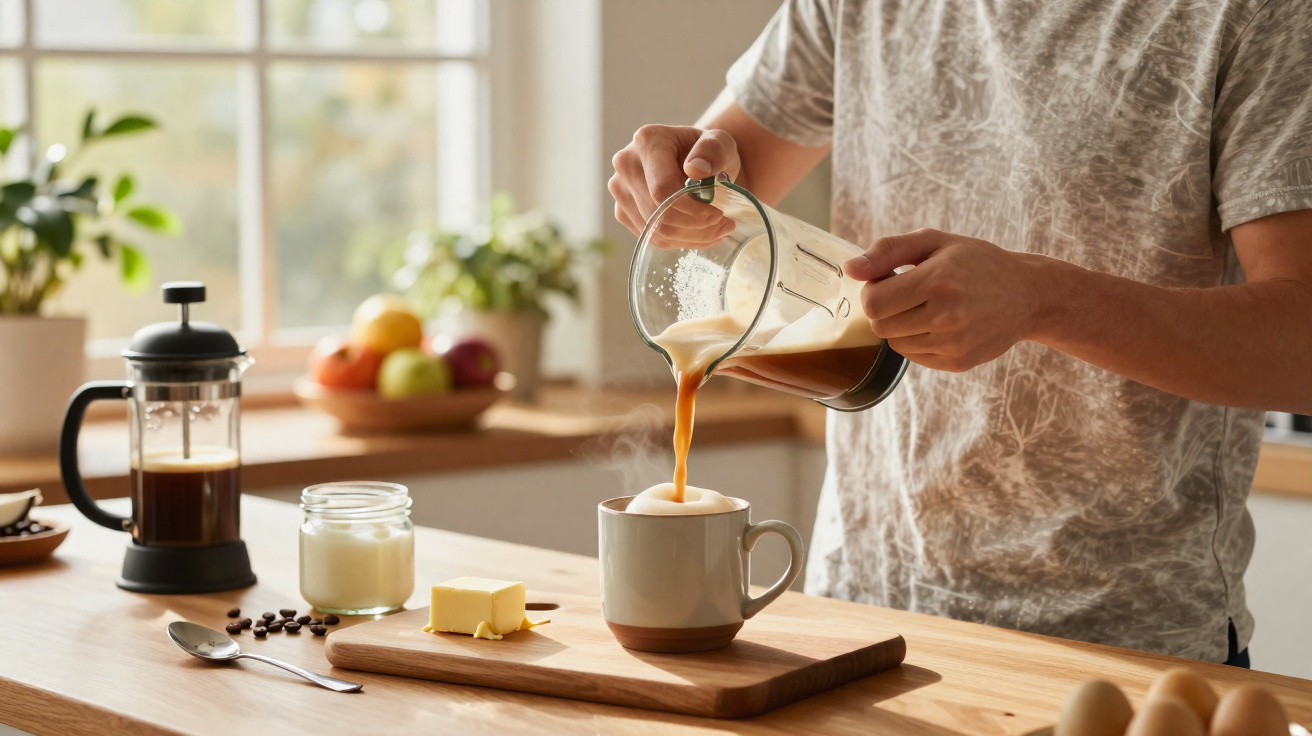 Pessoa a servir café com leite numa caneca, num ambiente de cozinha luminosa e acolhedora.