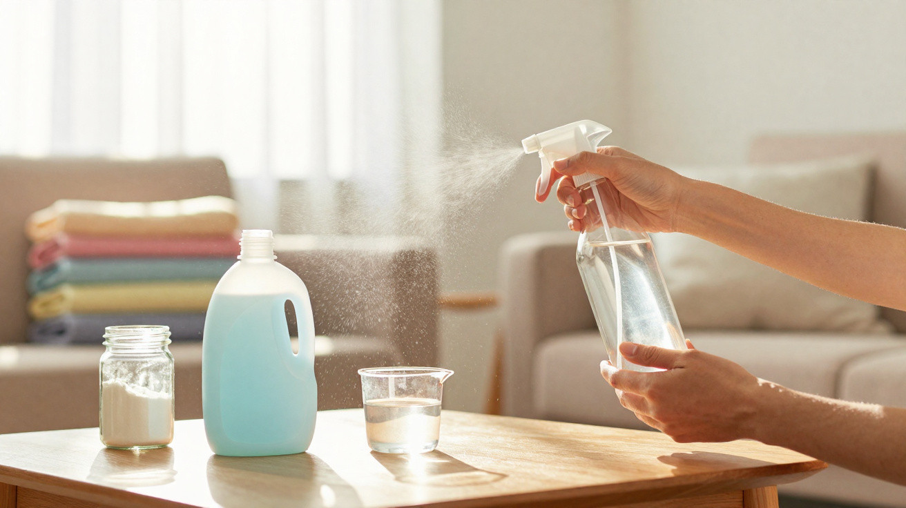 Pessoa pulveriza líquido com spray transparente numa mesa com produtos de limpeza e roupas ao fundo.