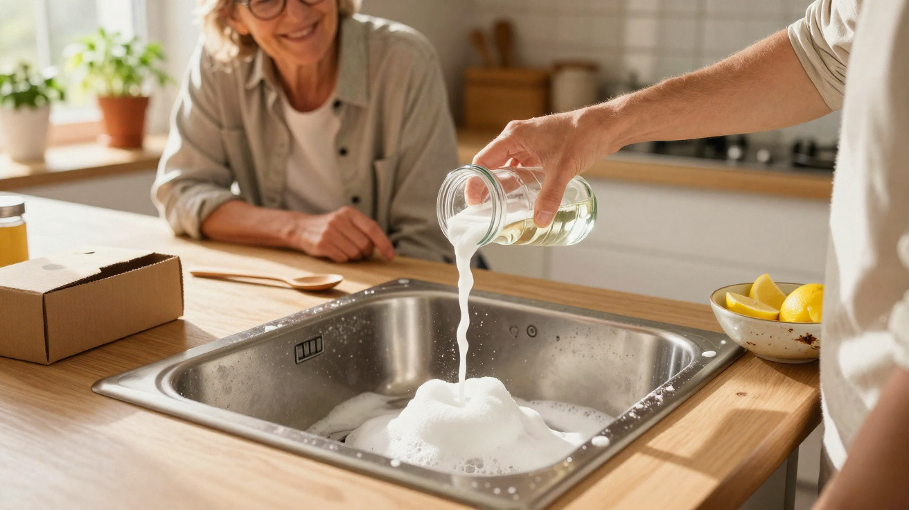 Pessoa a ver outra a verter líquido para um lava-loiças com espuma, numa cozinha luminosa e moderna.