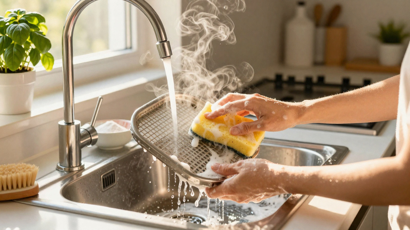 Pessoa a lavar um tabuleiro metálico quente com uma esponja amarela numa cozinha luminosa.