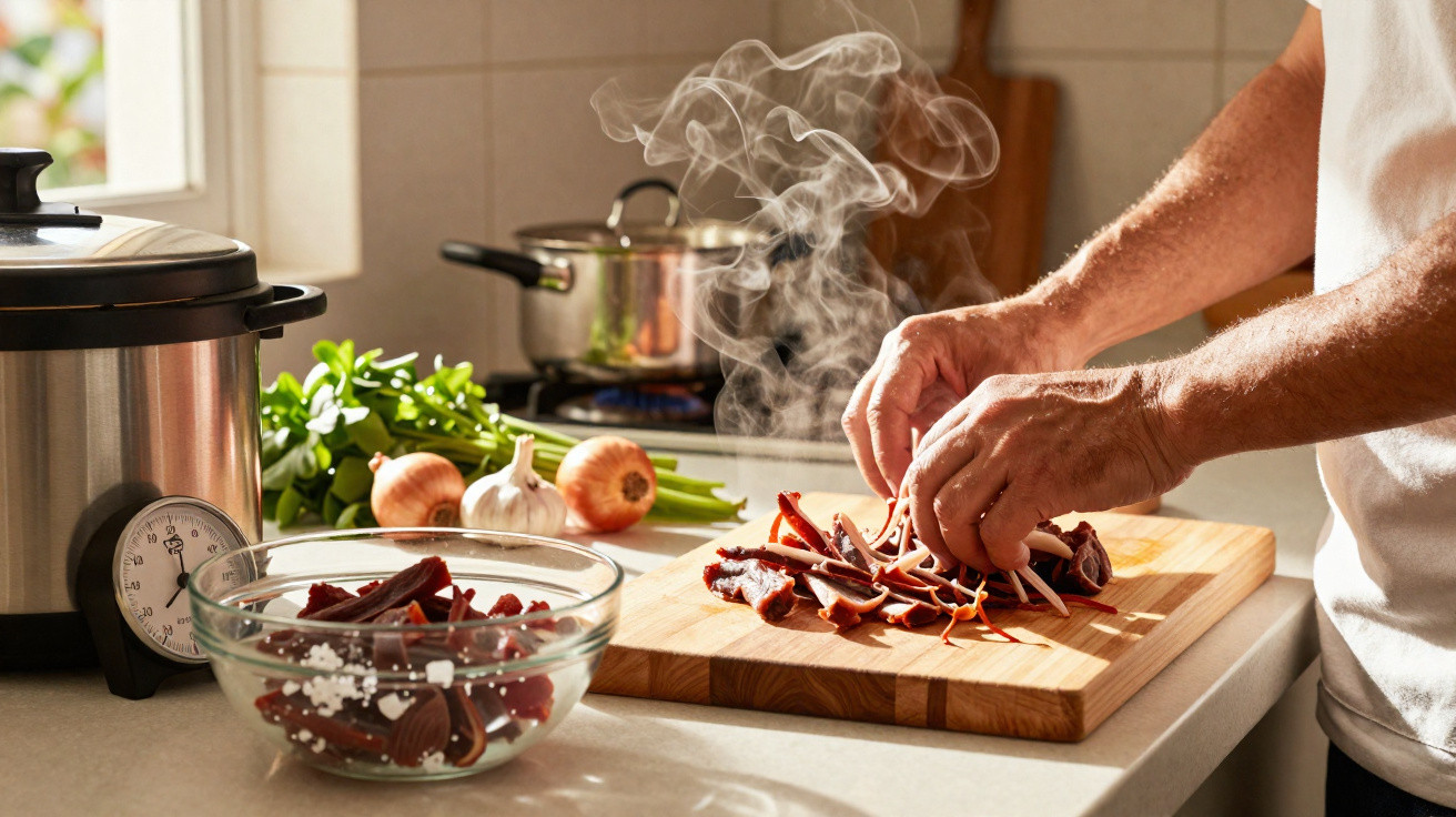 Mãos a preparar carne fumegante numa tábua de madeira numa cozinha com temperos e panela de pressão.