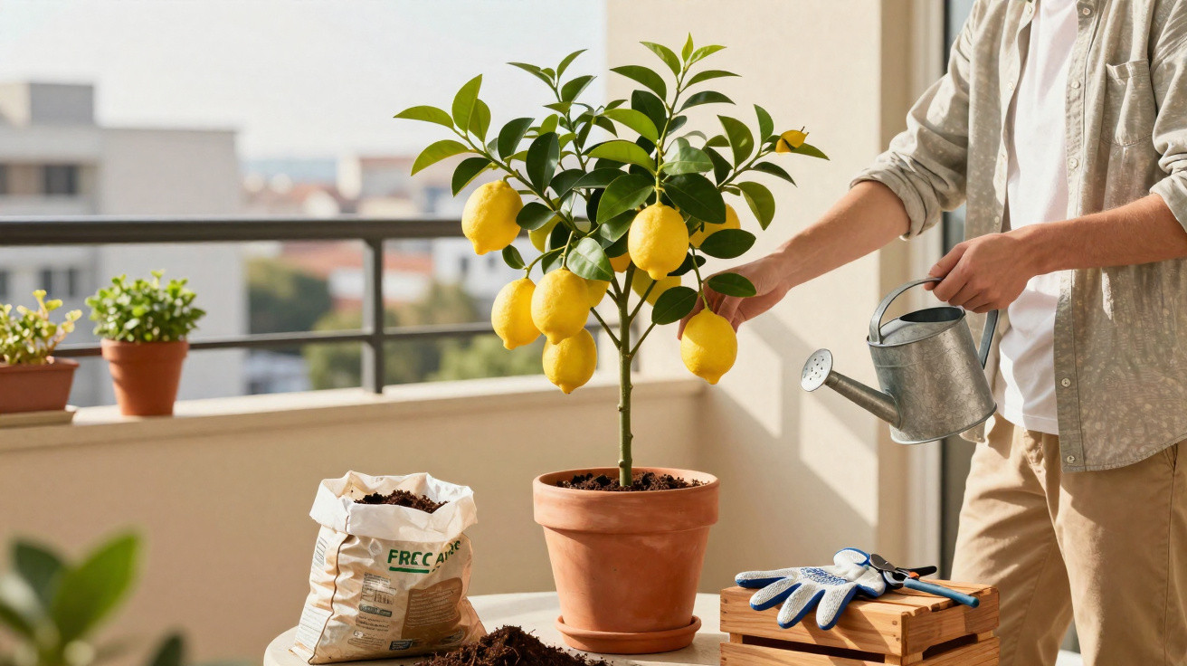 Pessoa a regar uma planta de limoeiro num vaso de barro numa varanda com utensílios de jardinagem.