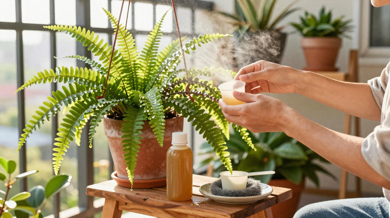 Mãos segurando copo com vapor, jarra e planta em vaso sobre mesa de madeira perto de janela.