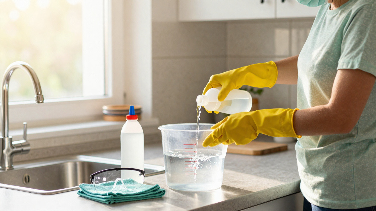 Pessoa a preparar solução de limpeza com luvas amarelas na cozinha, perto da pia e líquido desinfetante.