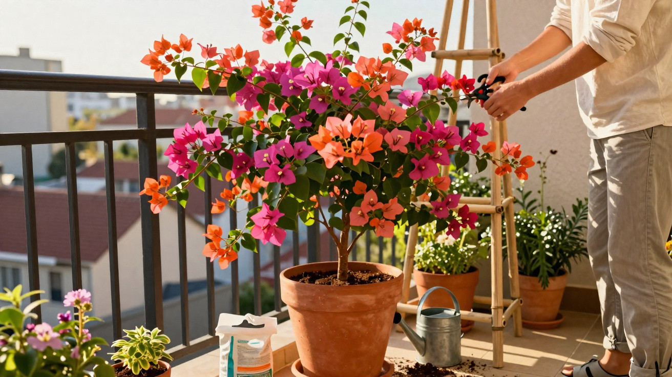 Pessoa a podar planta florida num vaso grande num terraço com mais plantas e utensílios de jardinagem.