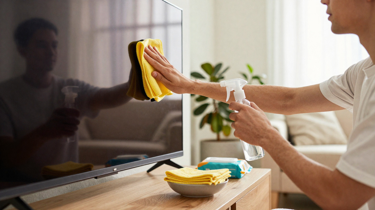 Pessoa a limpar e desinfetar ecrã de televisão com pano amarelo num ambiente doméstico iluminado.