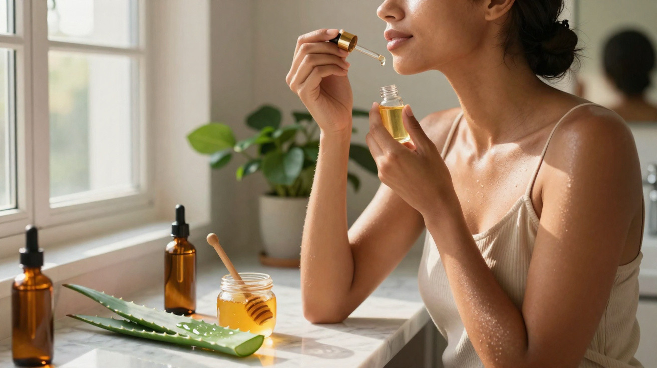 Mulher a aplicar óleo facial com conta-gotas junto a janela e produtos naturais numa bancada.