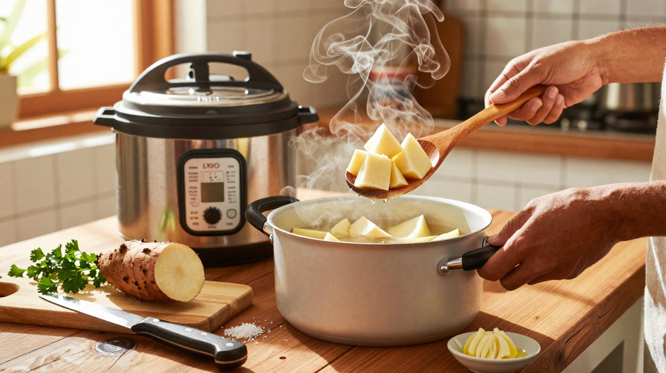 Pessoa a cozinhar batatas numa panela com vapor, com panela elétrica e mandioca numa tábua ao lado.