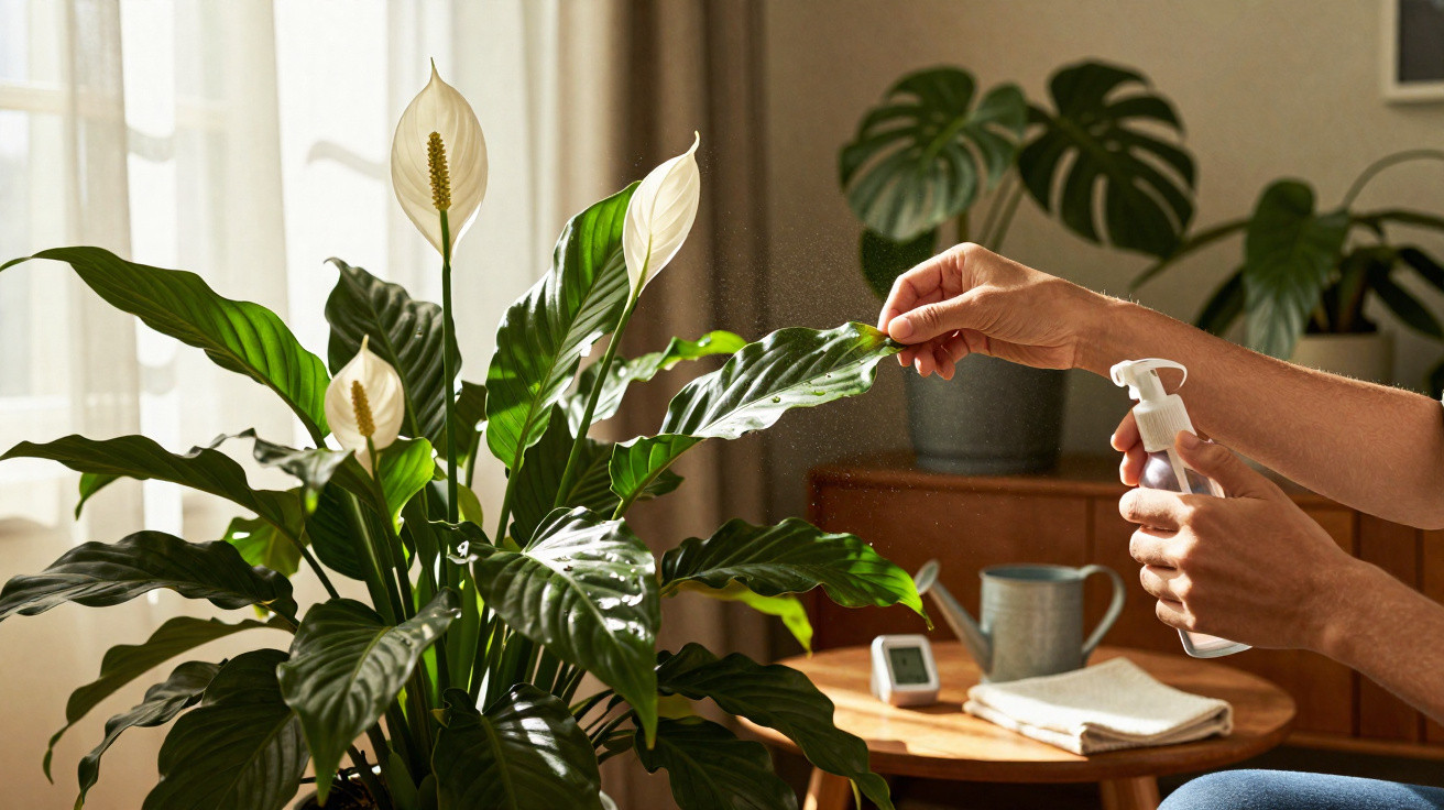Mãos a pulverizar água numa planta de interior com flores brancas, ao lado de uma mesa com regador e toalha.
