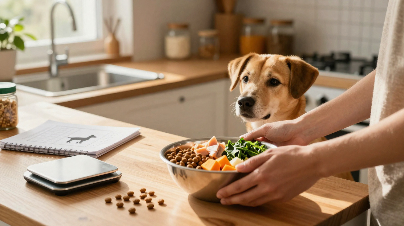 Cão observa tigela com comida saudável para cães numa cozinha moderna, mãos seguram a tigela.