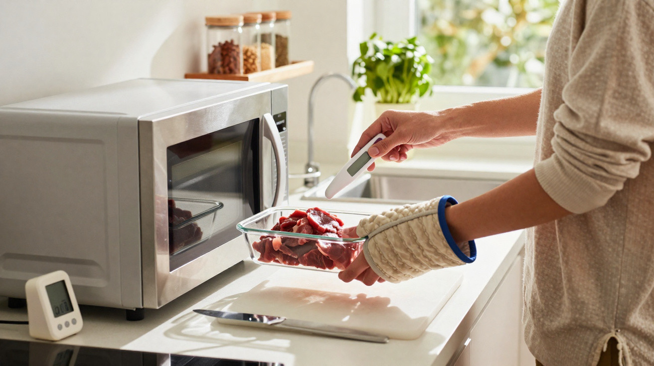 Pessoa a medir a temperatura da carne crua numa taça de vidro na cozinha, perto do micro-ondas.