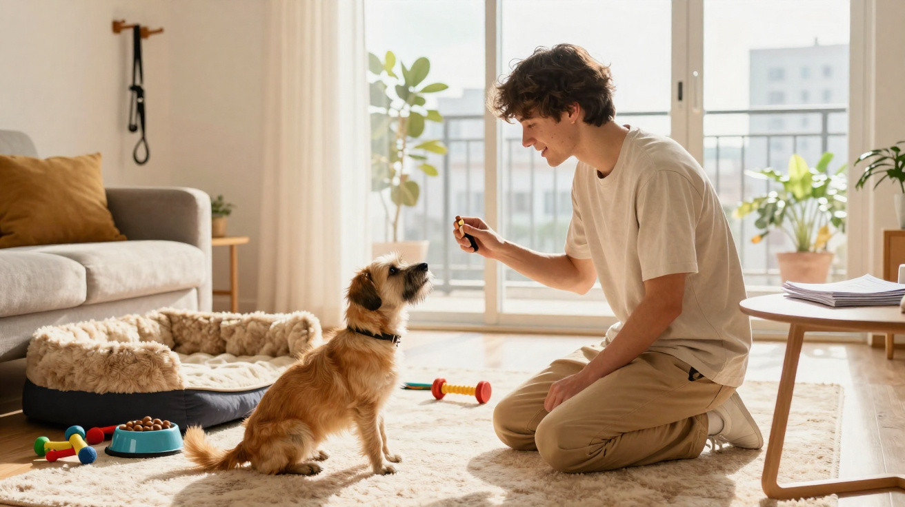 Jovem a brincar e a treinar cão num apartamento luminoso com brinquedos e cama para cachorro no chão.