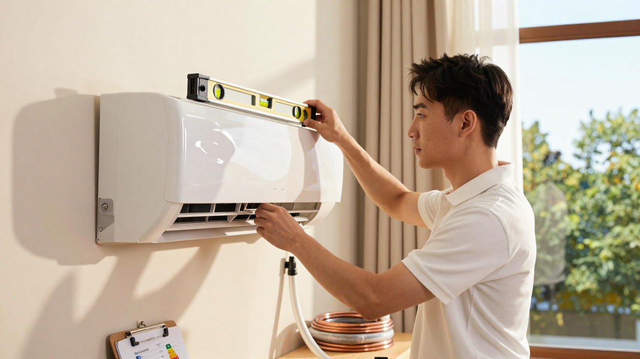 Homem a instalar um aparelho de ar condicionado branco numa parede interior, usando um nível.