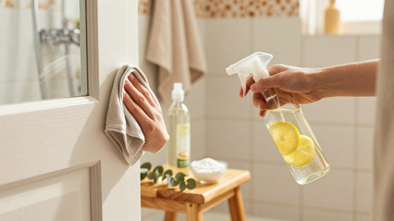 Pessoa a limpar uma porta de madeira clara com um pano e um frasco spray com líquido e rodelas de limão.