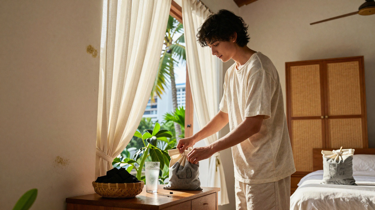 Homem em roupa branca organiza saco tecido num quarto com janela aberta e luz natural.
