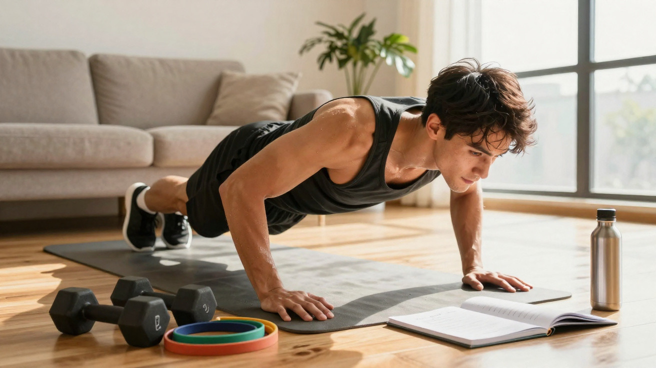 Homem jovem a fazer flexões numa sala com tapete, halteres e garrafa de água junto a uma janela grande.