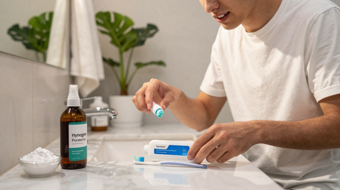 Homem a espalhar pasta de dentes numa escova num lavatório branco, com produtos e planta ao fundo.