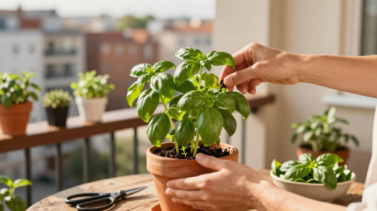 Mãos a apanhar folhas de manjericão num vaso de terracota numa varanda com outras plantas e uma tesoura.