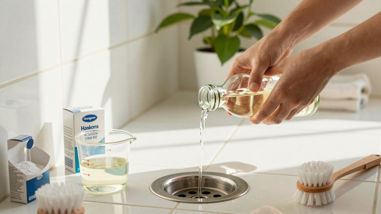 Mãos a verter líquido transparente numa pia, com produtos de limpeza e uma planta ao fundo.