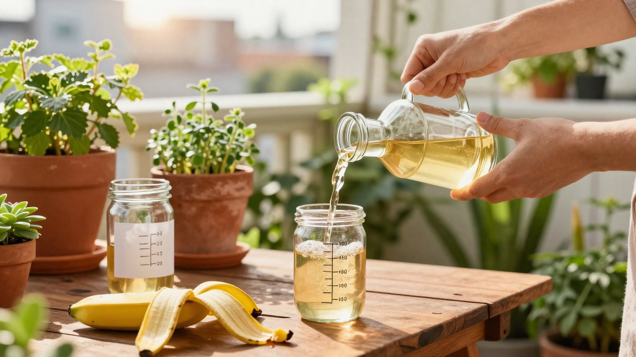 Mãos a verter chá numa jarra de vidro numa mesa com frutos e vasos de plantas ao ar livre.