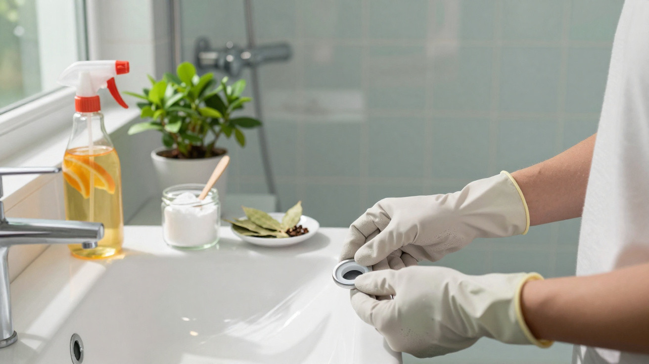 Pessoa a limpar o ralo de uma pia branca com luvas, com produtos de limpeza e plantas ao fundo.