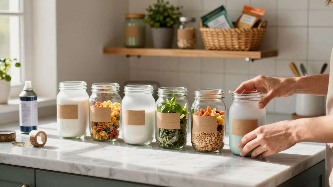 Mãos a organizar frascos com alimentos e plantas numa bancada de cozinha luminosa com janela.