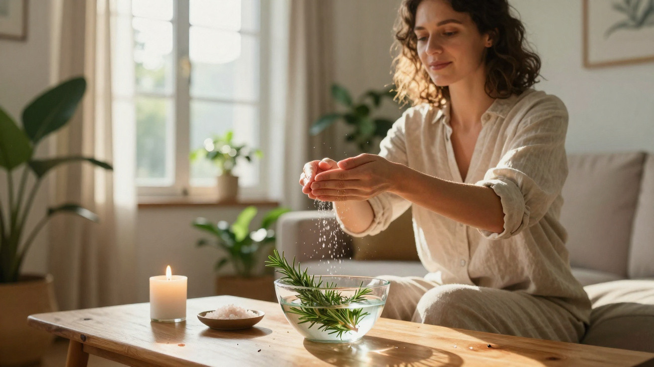 Mulher a preparar infusão com ervas naturais numa sala com luz natural e decoração acolhedora.