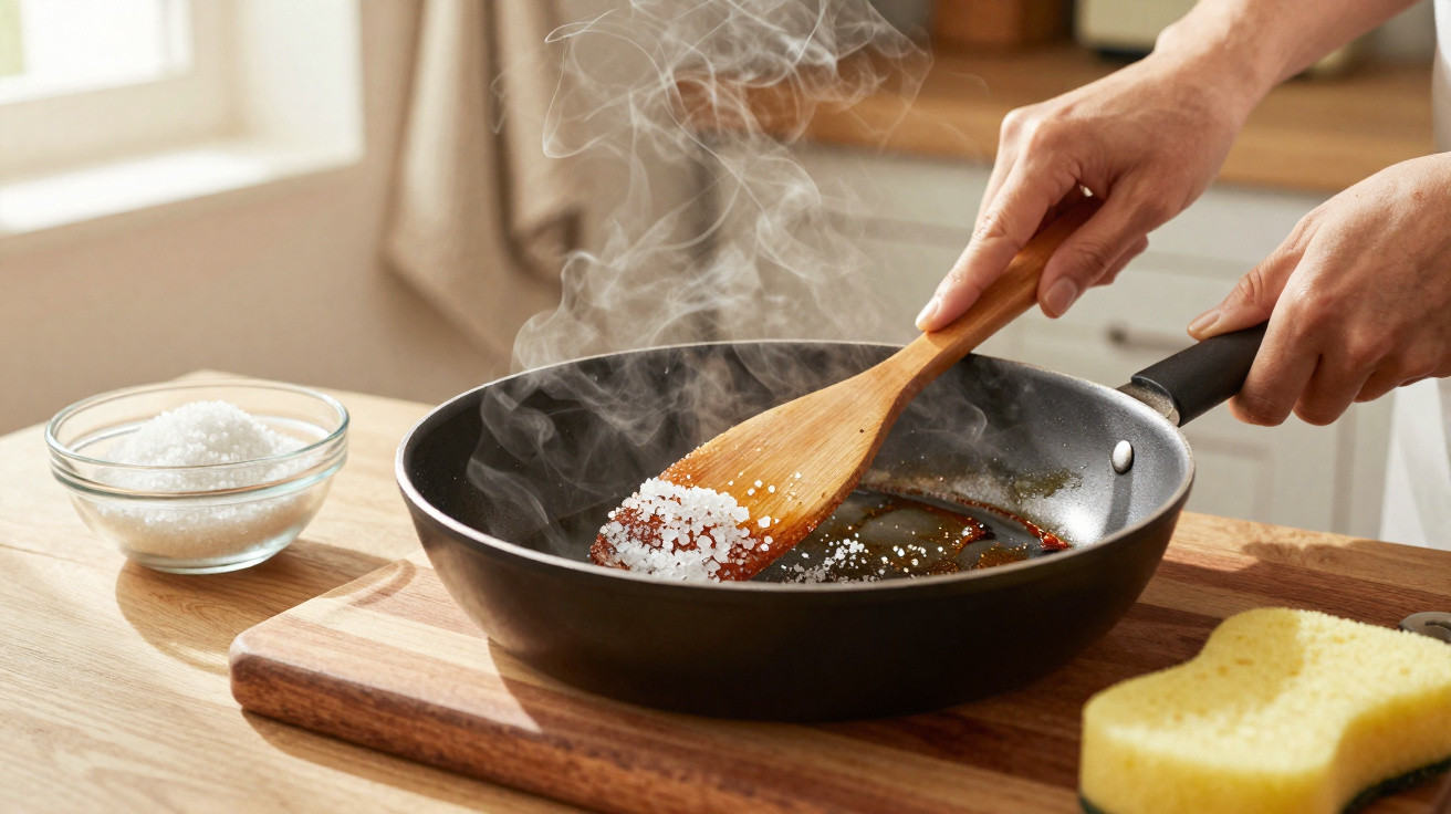 Mãos a salgar azeite numa frigideira quente com uma colher de pau, fumegante numa cozinha luminosa.