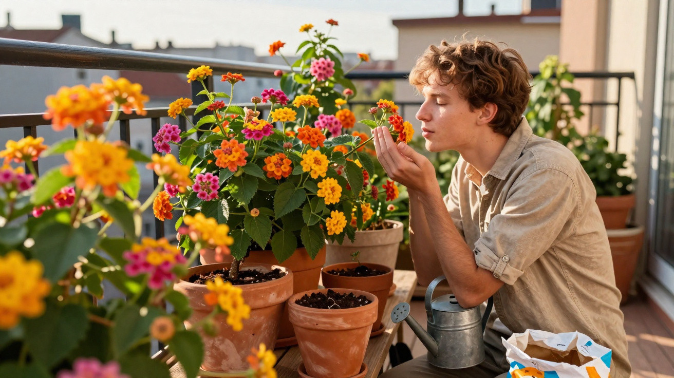 Jovem a cheirar flores coloridas em vasos no parapeito de uma varanda iluminada pelo sol.