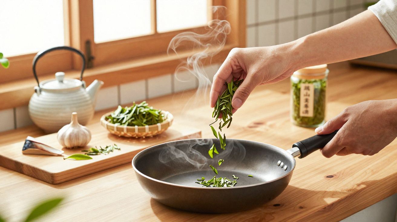 Pessoa a adicionar folhas de chá verde numa frigideira fumegante numa cozinha iluminada e organizada.