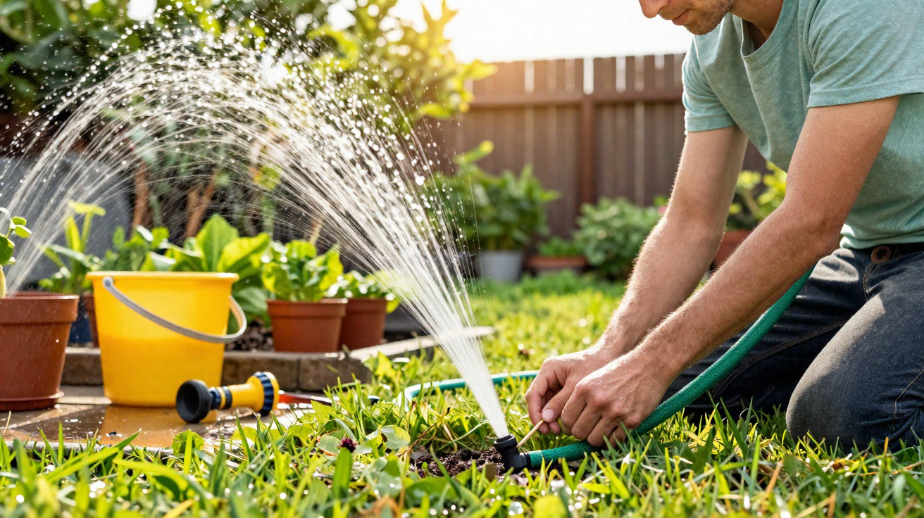Homem a instalar sistema de rega automática num jardim com plantas e balde amarelo ao fundo.