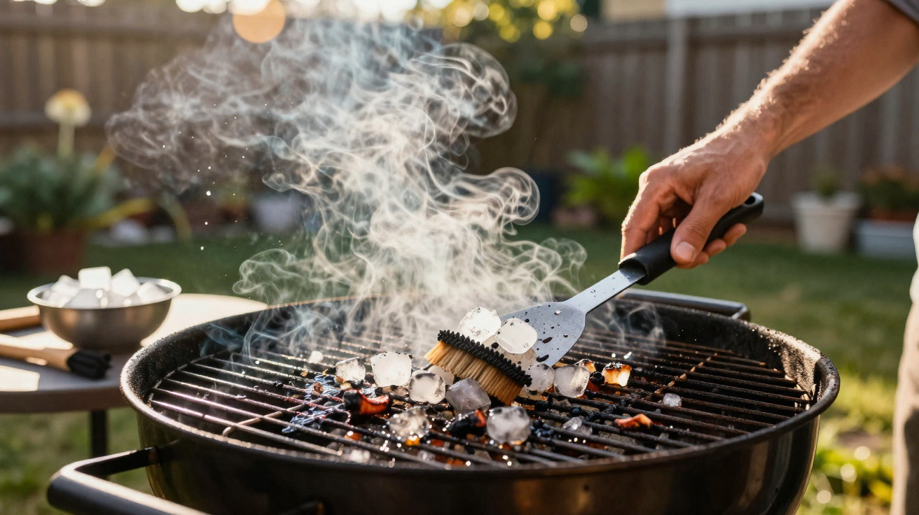 Pessoa a apagar brasas numa grelha de churrasco com cubos de gelo no jardim ao entardecer.