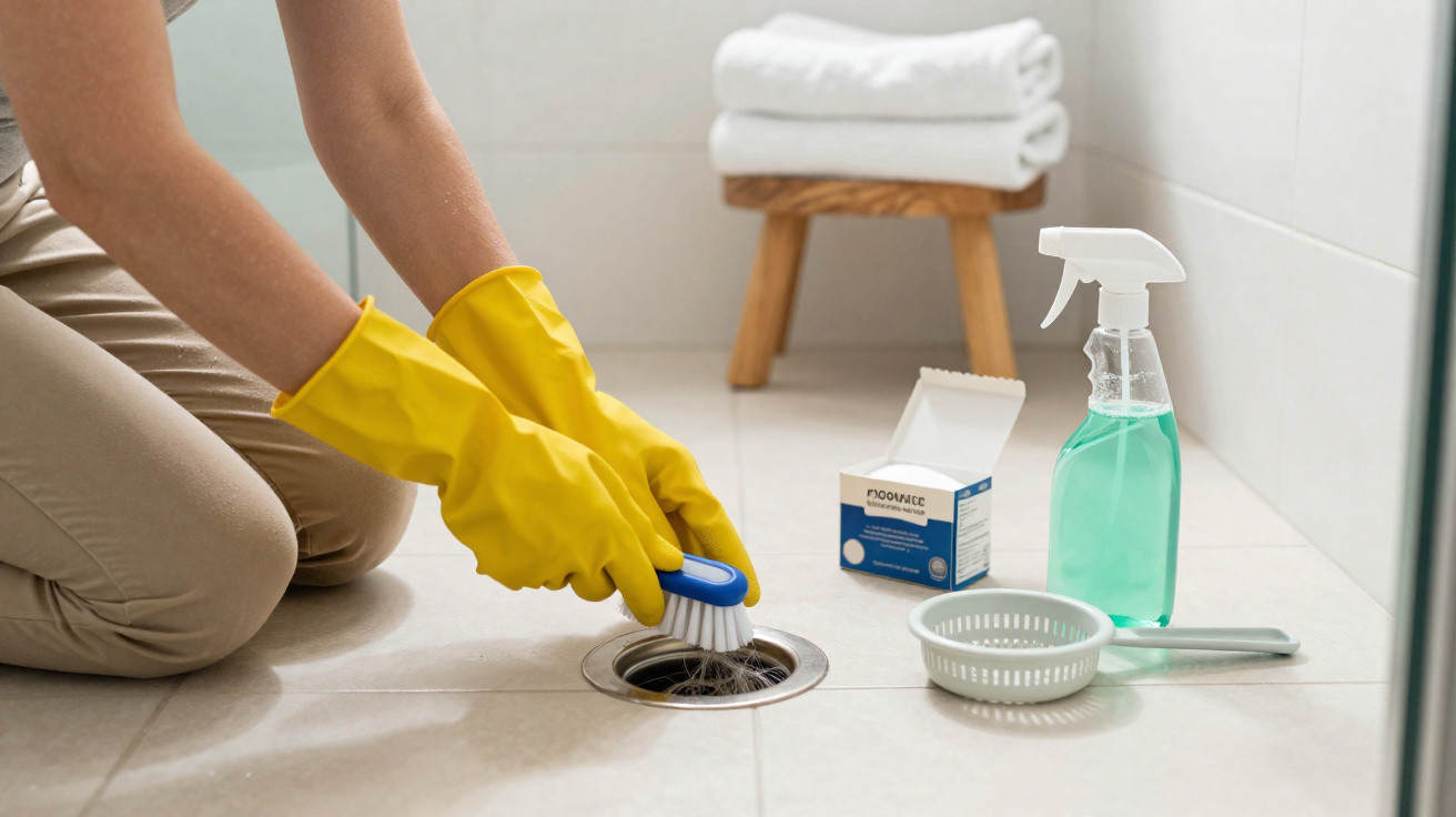 Pessoa com luvas amarelas a limpar ralo do chão com escova e produtos de limpeza ao lado.