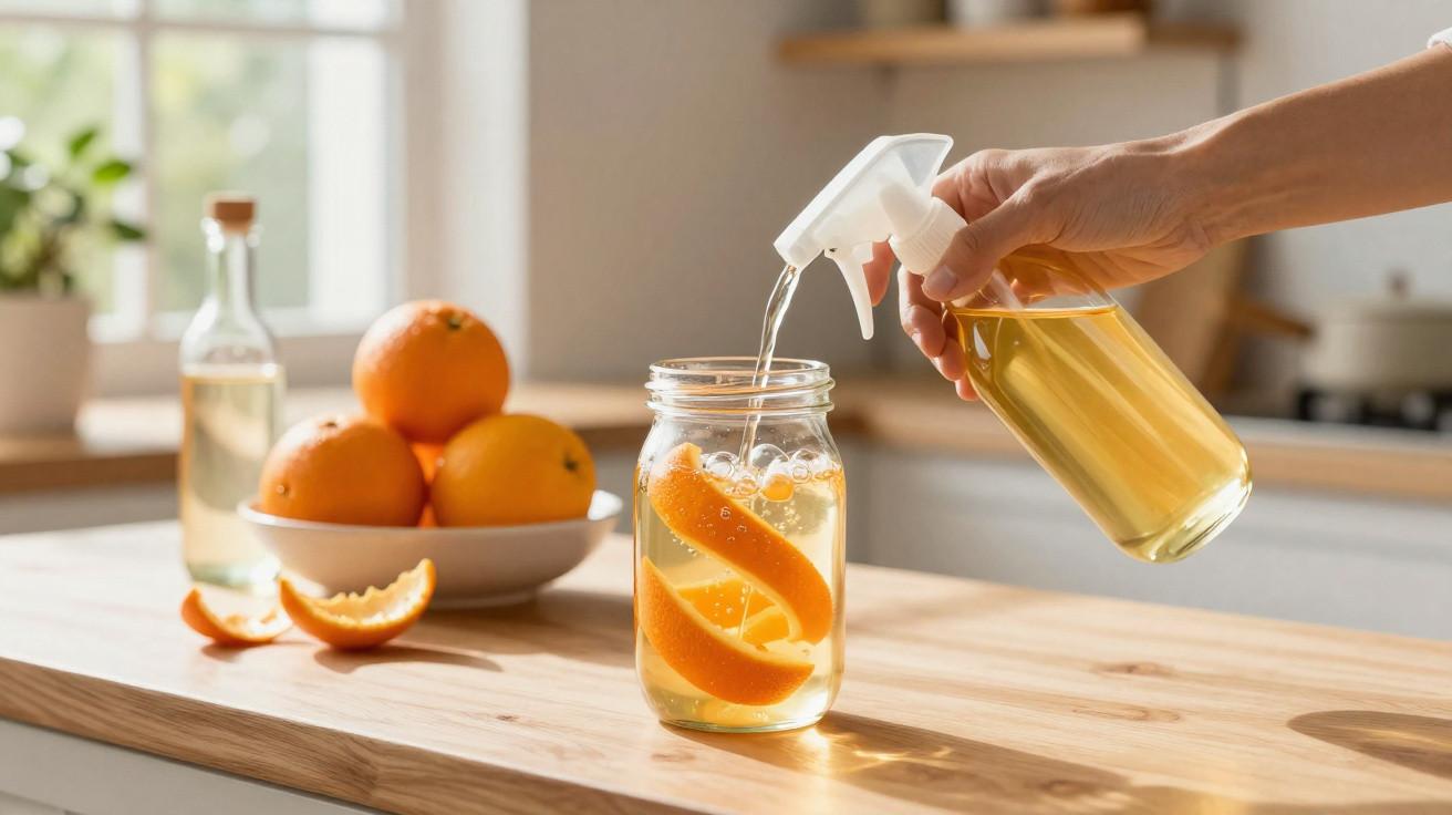 Mão a borrifar líquido amarelo em frasco com água e cascas de laranja, frutas numa cozinha.