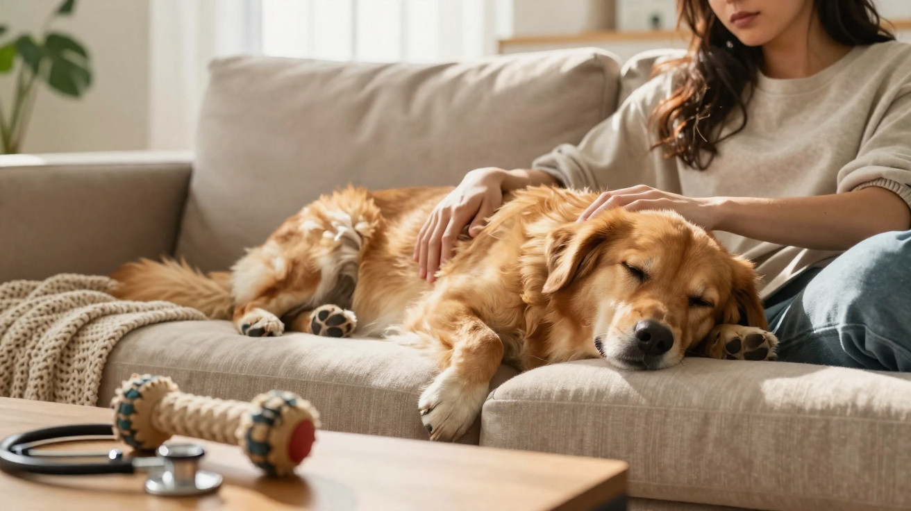 Cão dourado a dormir no sofá enquanto mulher lhe faz festas na sua casa acolhedora.